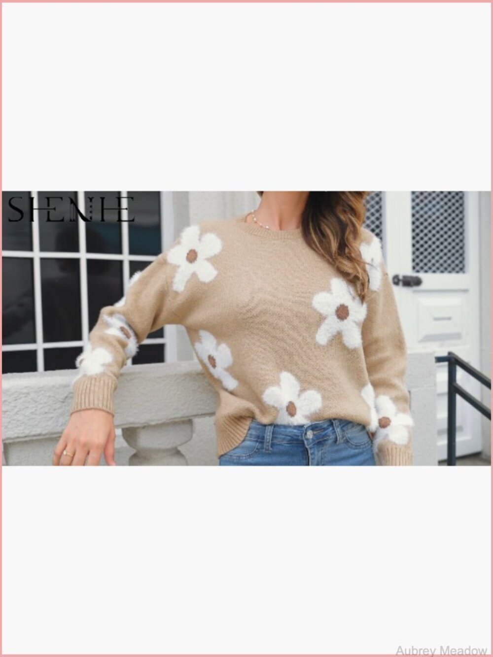 Women's Floral Crewneck Long Sleeve Drop Shoulder Pullover Sweater - Picture 7 of 7